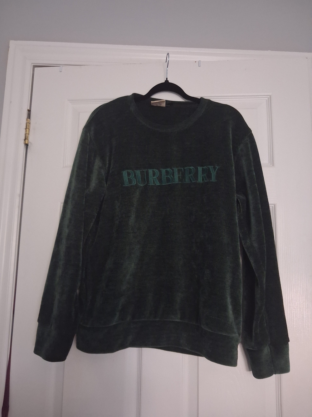 Vintage Burberry Forest Green Velvet Crewneck Sweatshirt with Tonal Logo